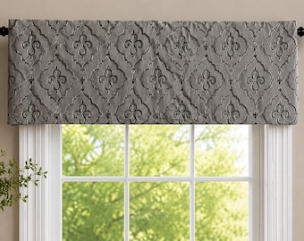 Custom Gray, Silver & Black Flat Valance | Tailored Window Treatment | Medallion Pattern Valance | Rod Pocket Curtain Topper