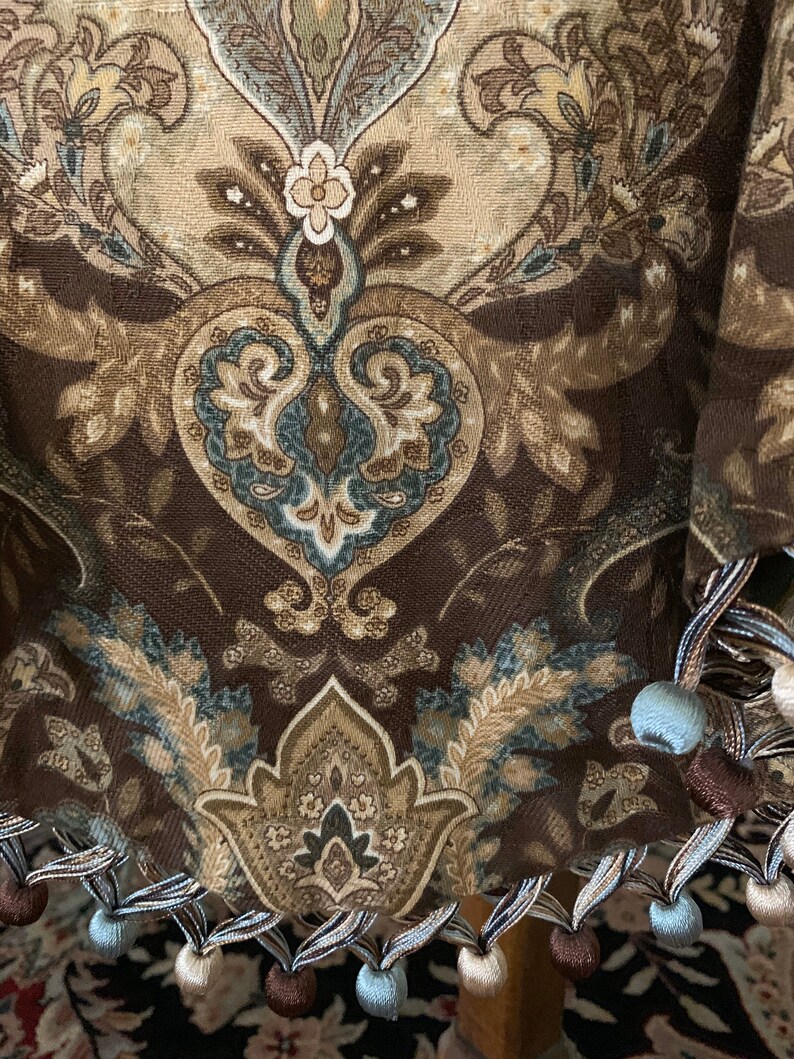 Tailored brown robbins egg blue paisley pattern flat squire imperial board mounted valance with ball fringe lined