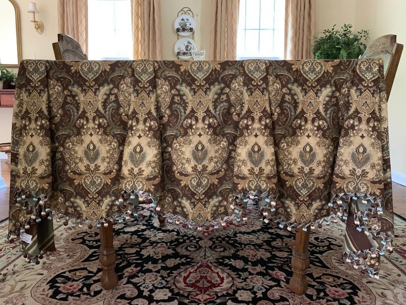 Tailored brown robbins egg blue paisley pattern flat squire imperial board mounted valance with ball fringe lined
