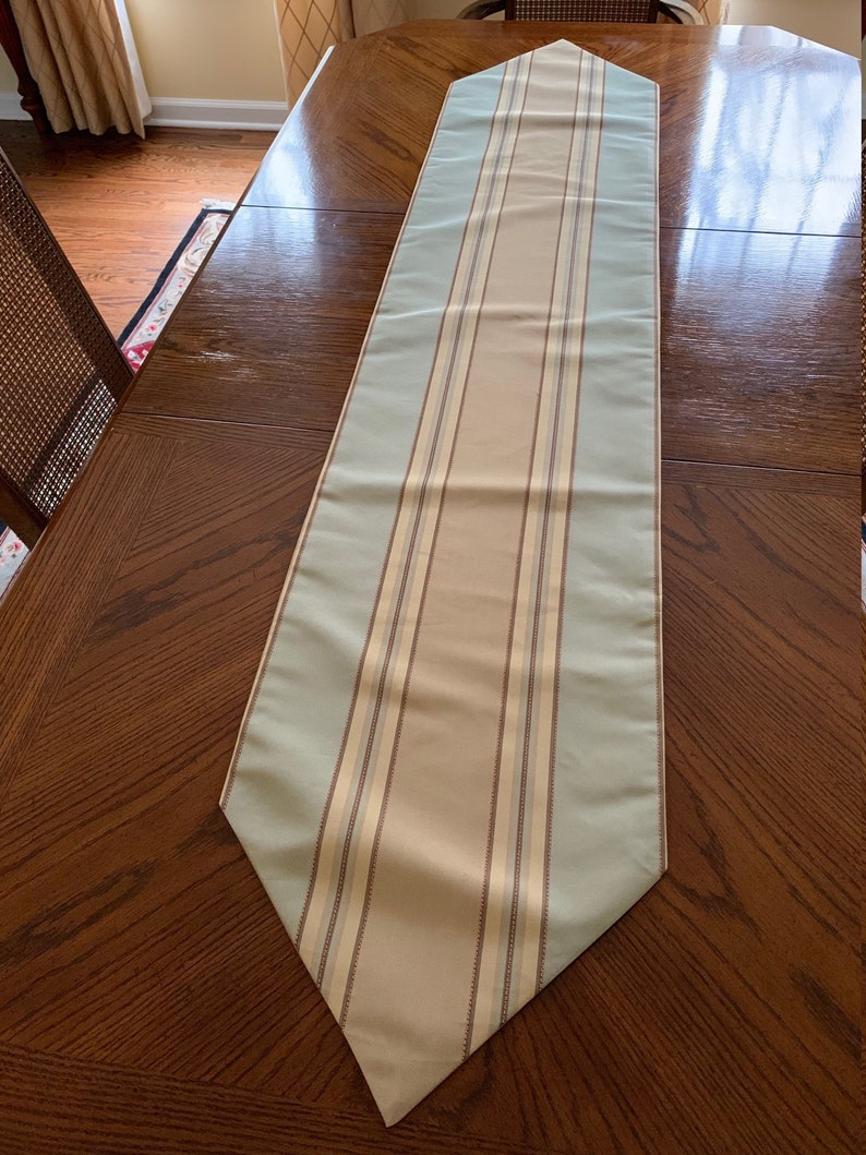 Tan Beige Cheyenne Green Stripe Faux Silk Fabric Table Runner Lined 68l x 14w