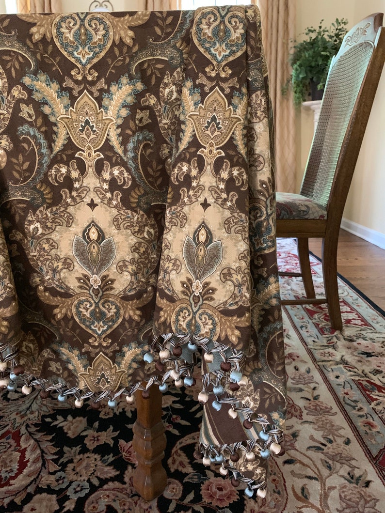 Tailored brown robbins egg blue paisley pattern flat squire imperial board mounted valance with ball fringe lined