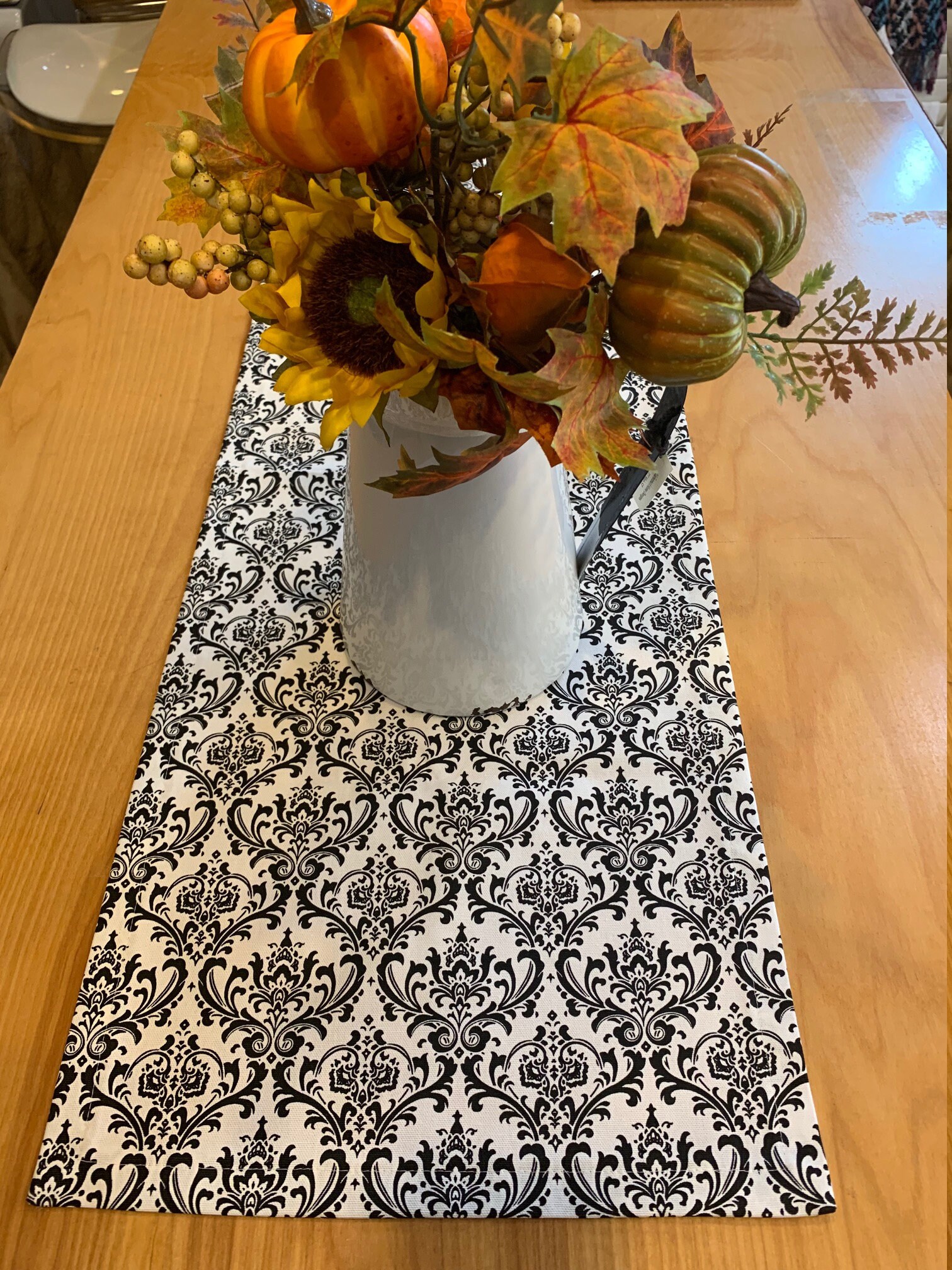 Table Runner White Black Table Runner Damask Table Runner Etsy