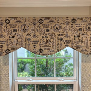 May include: A brown valance with a scalloped bottom edge features a repeating pattern of black and white text and images. The text includes "Paris", "Artois", "Les Compagnies de L'Orient", and "Côte d'Azur, France".