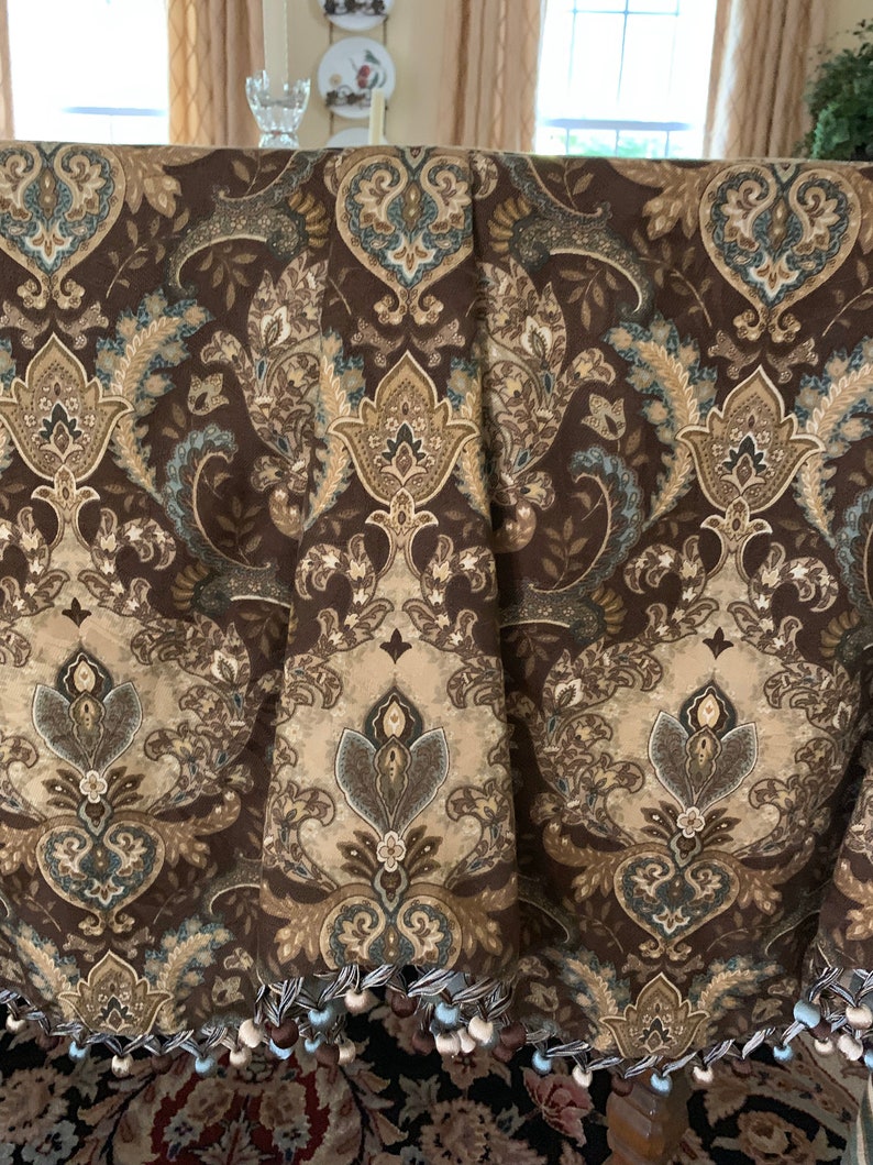Tailored brown robbins egg blue paisley pattern flat squire imperial board mounted valance with ball fringe lined