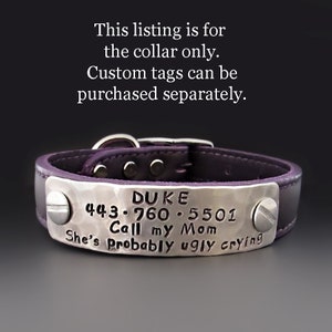 May include: Purple leather dog collar with a silver metal tag that reads "DUKE 443-760-5501 Call my Mom She's probably ugly crying".