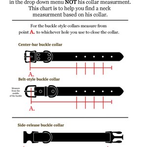 May include: Diagram showing how to measure a dog's neck for a collar. Three different collar styles are shown: center-bar buckle, belt-style buckle, and side-release buckle. The diagram shows where to measure from point A to the hole used to close the collar.