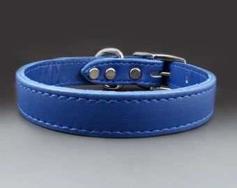 Blue Leather Dog Collar with Silver Buckle Clasp | LIMITED EDITION | Royal Blue Stitched Dog Collar for Small, Medium, and Large Dogs