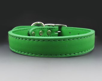 Green Leather Dog Collar, Silver Buckle Clasp, Kelly Green Stitched Dog Collar. Small, Medium and Large Dogs
