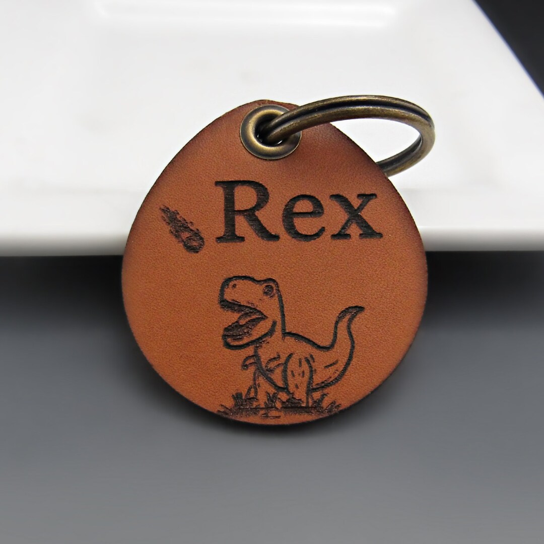 Dinosaur T Rex Leather Pet ID Dog Tag | Personalized Funny Dog Collar ...
