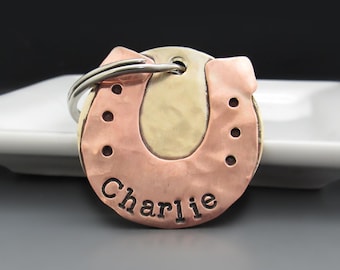 Custom Horseshoe Dog Name Tag | 1.25 inch Round Brass or Copper | Personalized Handmade Tack Tag for Dog Collar or Horse Bridle