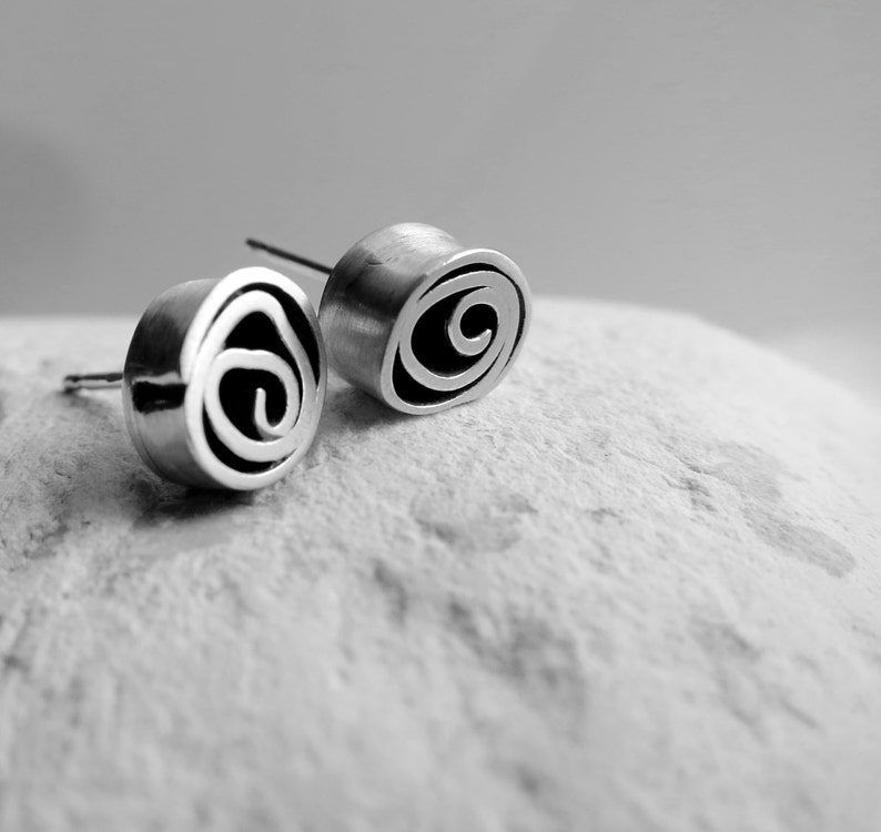 Silver spiral stud earrings, fine silver studs, sterling silver, handmade silver stud earrings, organic studs, spiral studs, Dorset Hill, image 1