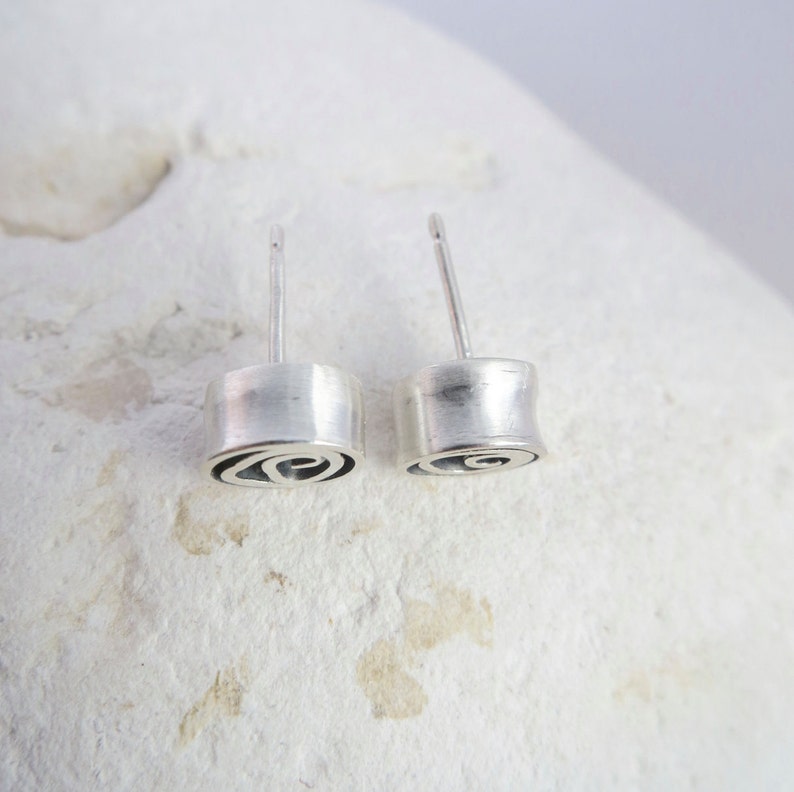 Silver spiral stud earrings, fine silver studs, sterling silver, handmade silver stud earrings, organic studs, spiral studs, Dorset Hill, image 2