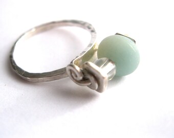 Sterling Silver, Amazonite and rock crystal bead ring, spinning bead ring, size 0