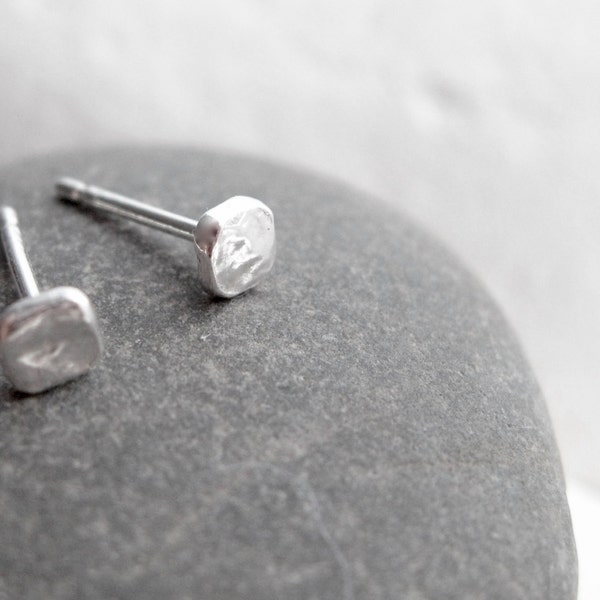 Sterling silver stud earrings, reticulated silver studs, tiny silver earrings, everyday silver studs, square silver earrings