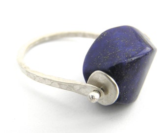 Lapis lazuli and sterling silver spinning bead ring, fidget ring, large bead ring