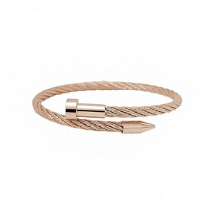 May include: A rose gold bracelet with a twisted cable design and a nail-shaped clasp.