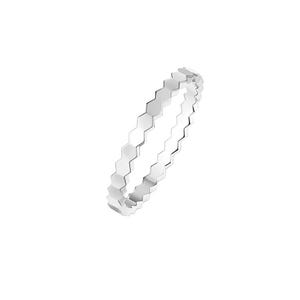 May include: A silver-colored ring with a repeating hexagonal pattern. The ring is made of a shiny, reflective metal and has a modern, geometric design. The ring is a piece of jewelry.