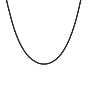 May include: A solid black snake chain necklace featuring a smooth, rounded, and flexible design. The chain has a uniform, continuous texture throughout its length, creating a sleek and polished appearance that hangs in a simple, elegant curve.