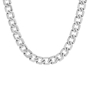 May include: A silver-toned chain necklace with a geometric design. Each link is a stylized hexagon, encrusted with small, clear gemstones. The necklace is displayed against a white background, highlighting its reflective surface.