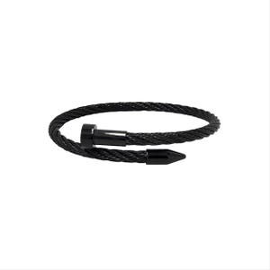 May include: A black bracelet featuring a twisted cable design that forms a circular shape. The ends of the bracelet are capped with smooth, solid black metal pieces, one shaped like a flat-headed nail and the other like a pointed nail tip.