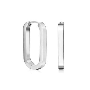 May include: A pair of silver-toned hoop earrings featuring an elongated rectangular shape with rounded corners. The earrings have a polished, reflective metallic finish and a hinged post mechanism for secure closure, presented as a set.