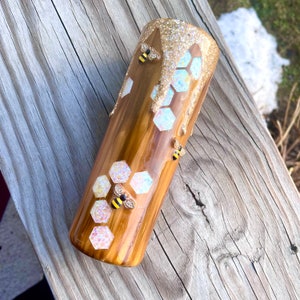 Wood grain, Gold, and white  3D Honey Bee Drip Honey Comb Tumbler Bumble Bee