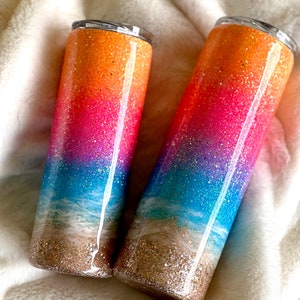 Neon Sunset Beach Glitter Tumbler
