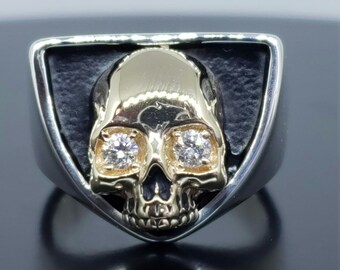 Sterling Silver And 14K Yellow Gold Skull Ring With Genuine Diamonds