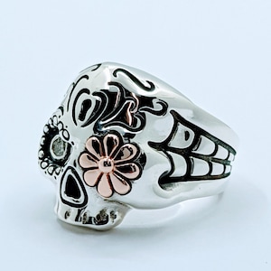 Sterling Silver And 14K Rose Gold Diamond Sugar Skull Ring