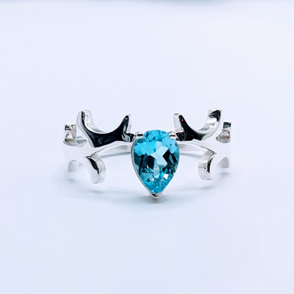 Sterling Silver Polished Antler Ring With Pear Shape Gemstone