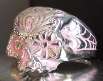 Solid Sterling Silver with Round Diamond Hand Made Day Of The Dead Sugar Skull