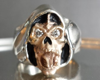 Sterling Silver And 14K Yellow Gold with Round Diamonds Grim Reaper Face Skull Ring USA