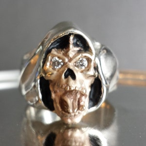 Sterling Silver And 14K Yellow Gold with Round Diamonds Grim Reaper Face Skull Ring USA image 1