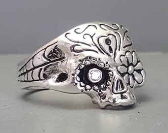 Solid Sterling Silver Handmade Sugar Skull Ring With 2.5 mm Round Brilliant Cut Diamond