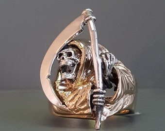 Solid 14K Yellow Gold And Sterling Silver Grim Reaper Skull Ring Made In The U.S.A