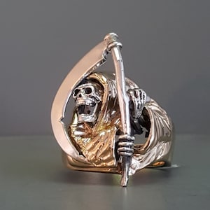 Solid 14K Yellow Gold And Sterling Silver Grim Reaper Skull Ring Made In The U.S.A