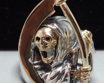 Sterling Silver and 14K Yellow Gold Grim Reaper Skull Ring Made in The USA