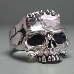 Solid Sterling Silver Handmade Men&#39;s Frankenstein Skull ring Made In The U.S.A