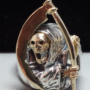 Sterling Silver and 14K Yellow Gold Grim Reaper Skull Ring Made in The USA