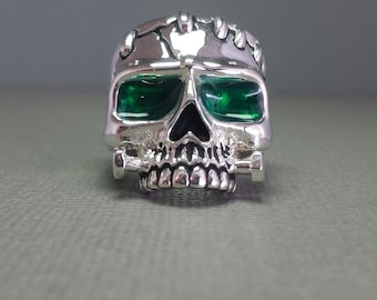 Sterling Silver Frankenstein Skull Ring With Green Enamel Eyes