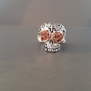 Sterling Silver And Solid 14K Rose Gold Handmade Day Of The Dead Skull Ring NOT PLATED!!!!