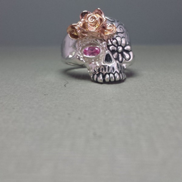 Sterling Silver and 14K Rose Gold Flower Day Of The Dead Sugar Skull With Imitation Pink Tourmaline