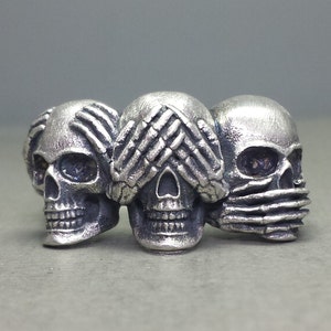 Hear No Evil, See No Evil, Speak No Evil Sterling Silver Skull Ring