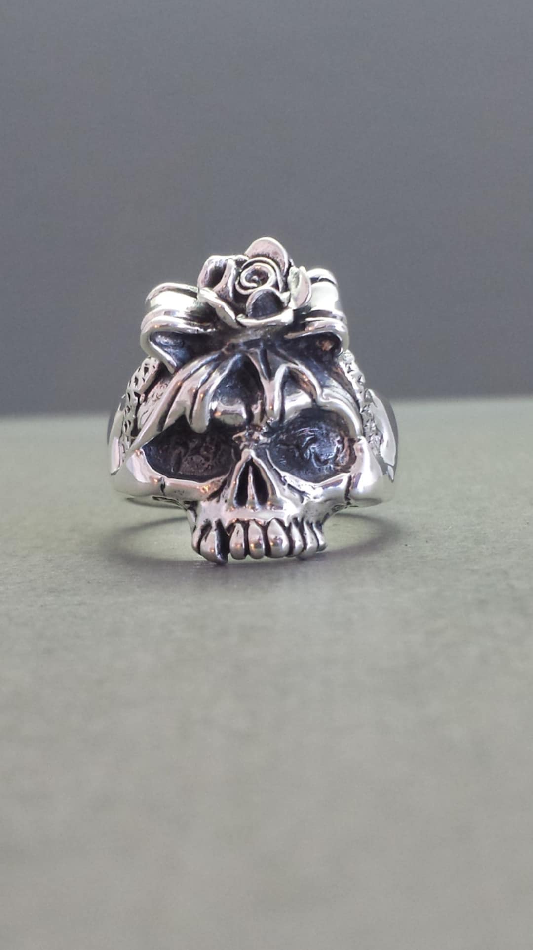 Skull And Roses Rings Sterling Silver Ladies Ribbon Rose Skull Ring - Etsy