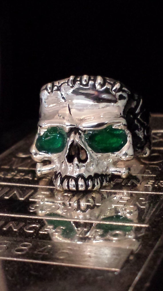 Solid Sterling Silver Hand Made Frankenstein Skull Ring With Green 
