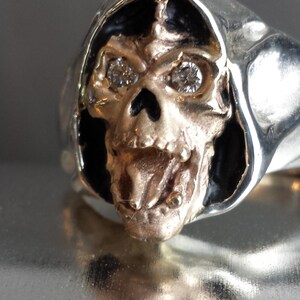 Sterling Silver And 14K Yellow Gold with Round Diamonds Grim Reaper Face Skull Ring USA image 4