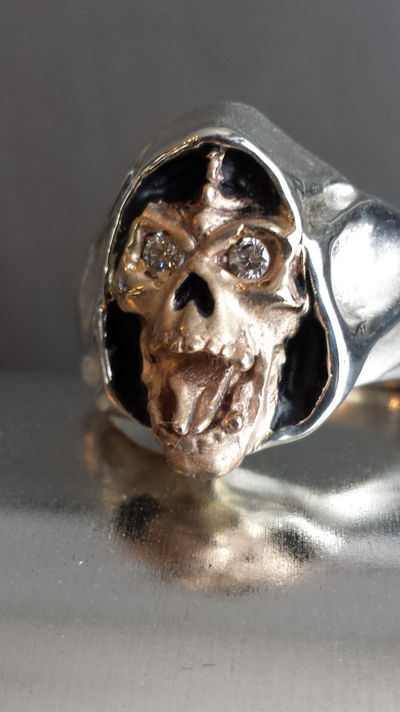 Sterling Silver And 14K Yellow Gold with Round Diamonds Grim Reaper Face Skull Ring USA image 4