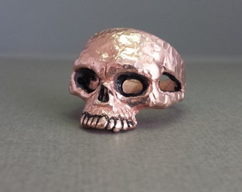 14K Rose Gold Skull Ring With Hammered Finish