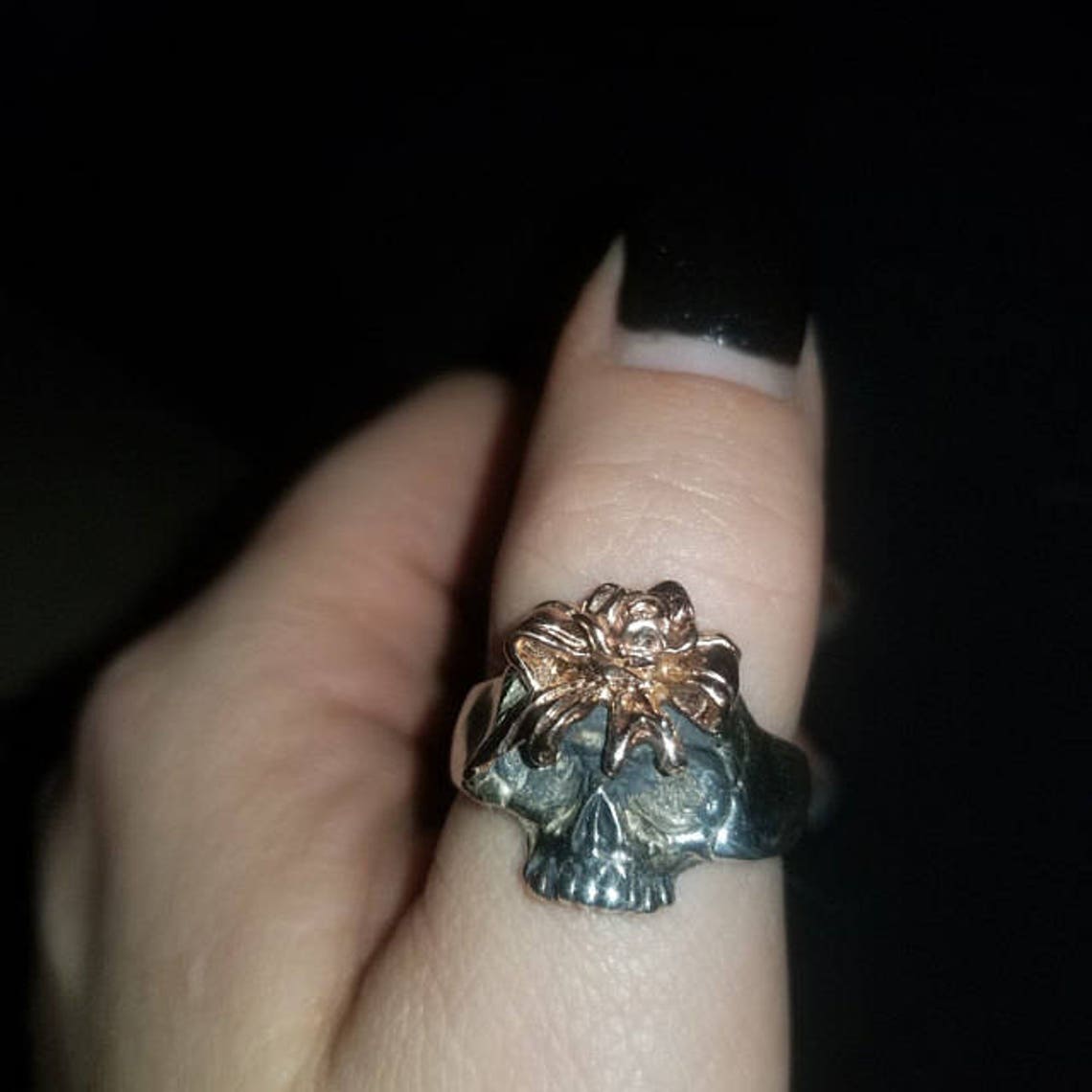 Sterling Silver and 14K Rose Gold Ribbon Flower Skull Ring *not Plated ...