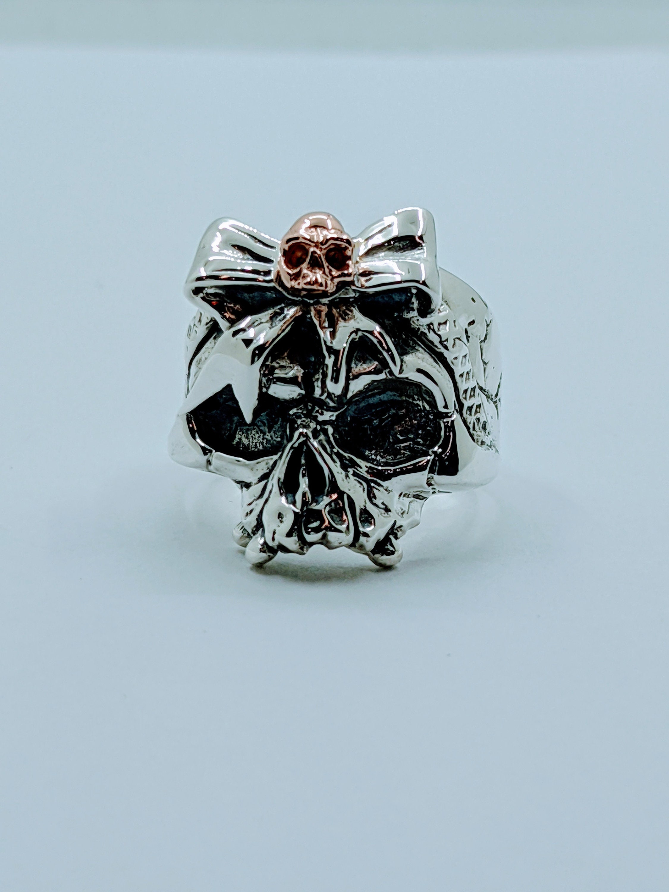 Solid Sterling Silver & 14K Rose Gold Handmade Ladies Ribbon Skull Ring ...